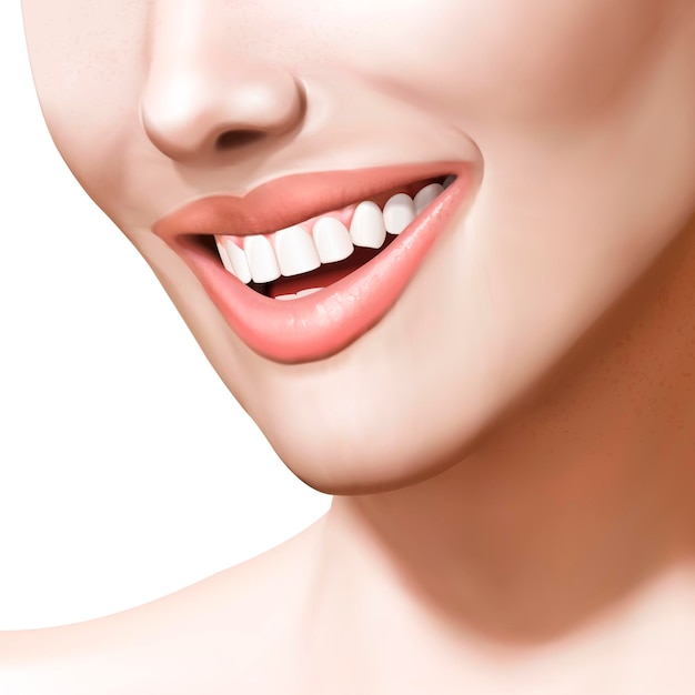 Vettore modello cosmetico o di salute orale, donna sorridente a trentadue denti con dente bianco in illustrazione 3d