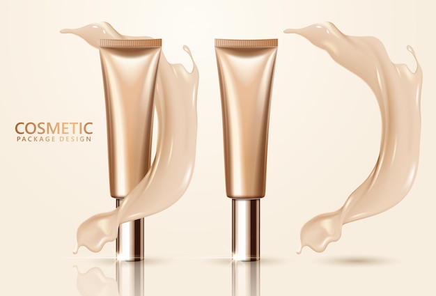 Vector cosmetic package design set, blank foundation tube mockup s in complexion color tone, 3d illustration