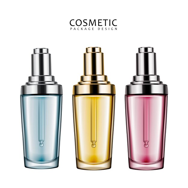 Cosmetic package design, three droplet bottles collection