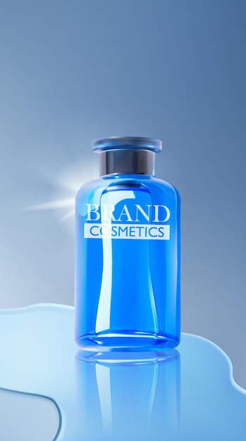 Cosmetic product ads with watery water drops and glitter effects on blue background