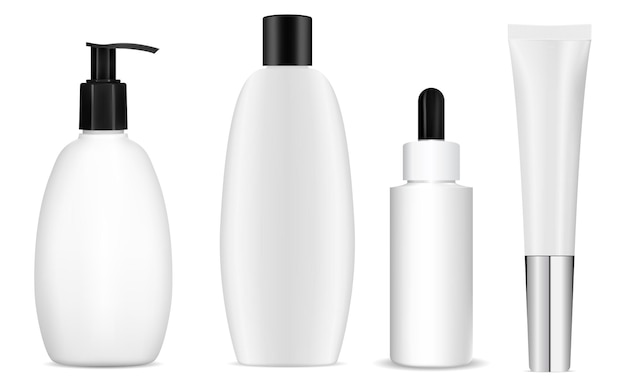 Cosmetic product bottle set, realistic vector template design, isolated. White plastic container