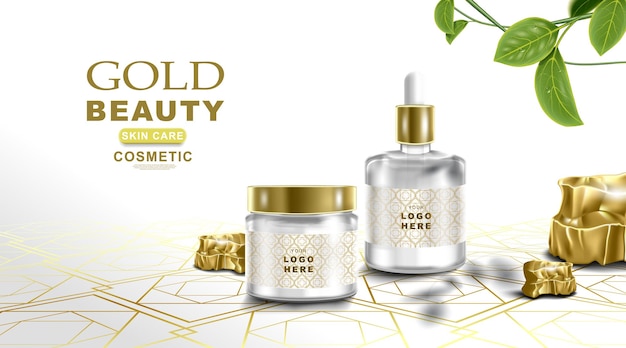 Cosmetic product mockup white and gold color background