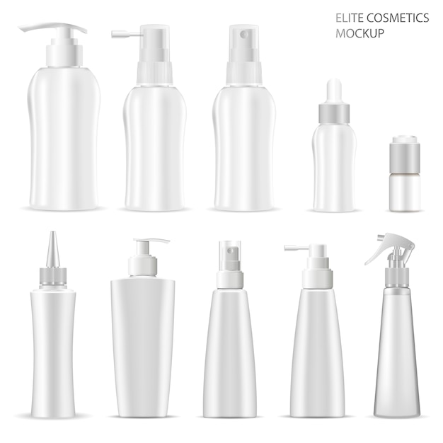 Cosmetic product package. white plastic bottle set