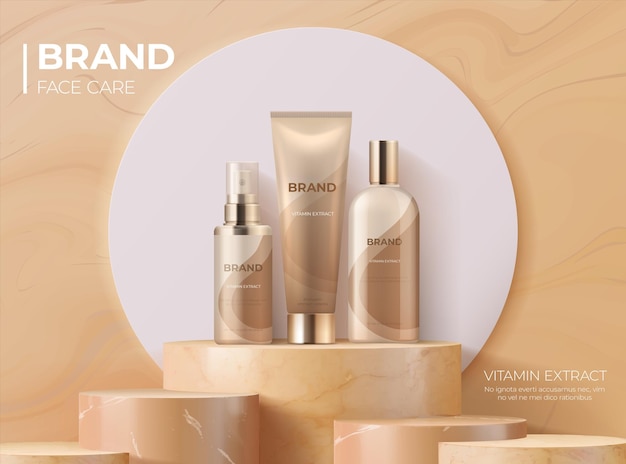 Vector cosmetic product on pedestal realistic banner with 3d podium for skin care luxury cream lotion and spray advertising poster with place for text and logo vector brand identity mockup