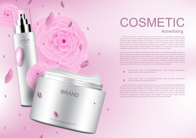 Vector cosmetic product and pink camellia on pink background