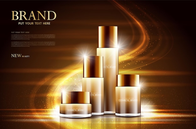 Cosmetic product poster bottle package design with moisturizer cream or liquid sparkling background