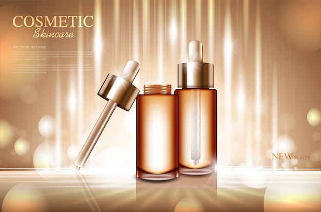 Cosmetic product poster bottle package design with moisturizer cream or liquid sparkling background