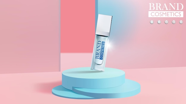 Cosmetic products on blue podium with blur background  abstract background