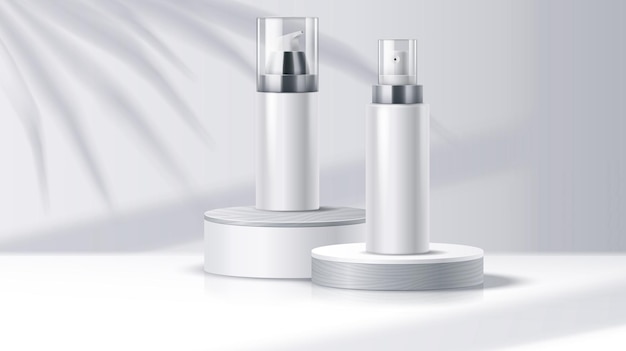 Cosmetic products bottles on podium in shadow illustration