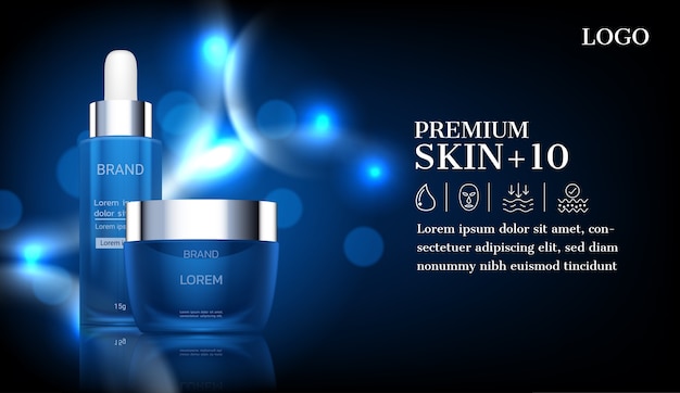 Cosmetic products with blue glowing light on dark background