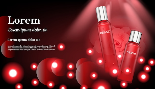 Cosmetic products with bright red light balls on red spotlight background