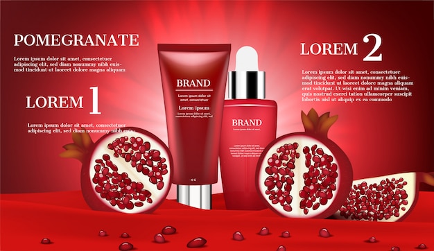 Cosmetic products with slice pomegranate and small seeds on red flannel