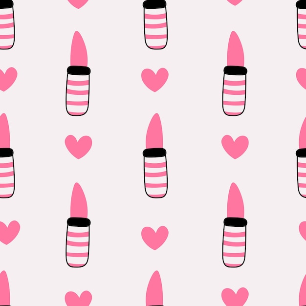 Cosmetic seamless pattern with pink lipstick and hearts