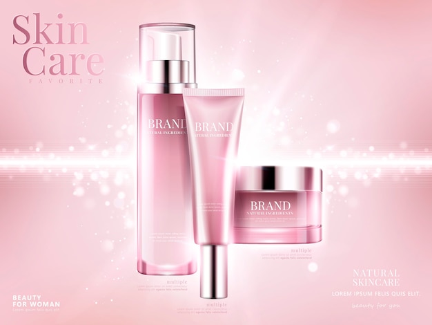 Cosmetic set ads, light pink package  on pink background with glittering bokeh elements in  illustration