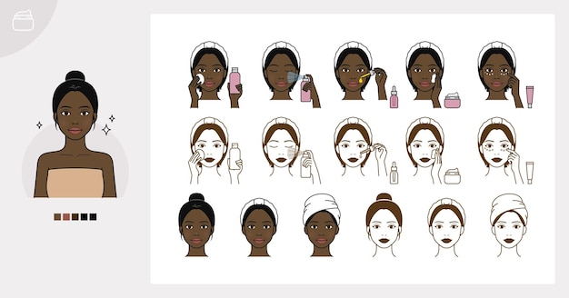 化粧品のスキンケア ルーチン_トナー ローション クリーム ミスト オイルを塗る_アフリカの黒人女性女の子