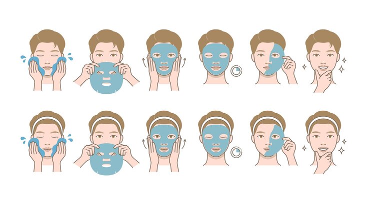Vector cosmetic skin care routine_attractive man using face pack sheet mask_male portrait grooming