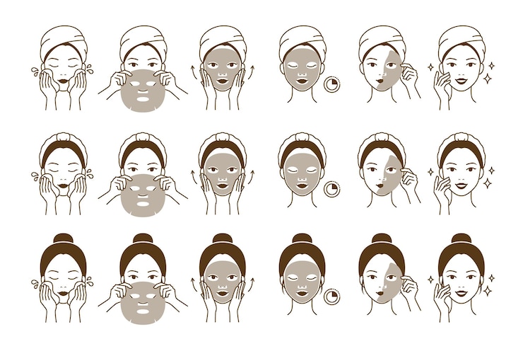 Vector cosmetic skin care routine_womangirl using face pask sheet mask