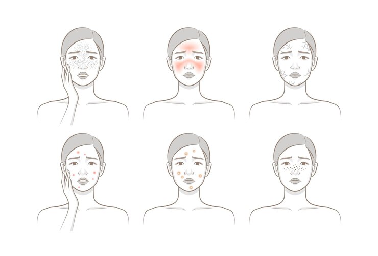Vector cosmetic skin trouble_woman with freckle blush dryness papule pastule blackhead