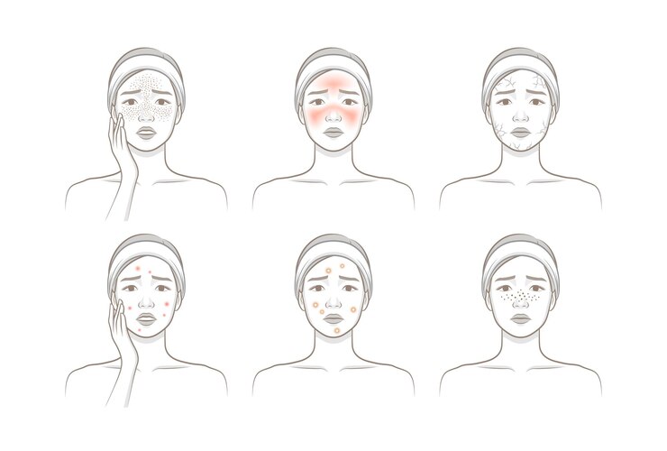 Vector cosmetic skin trouble_woman with freckle blush dryness papule pastule blackhead
