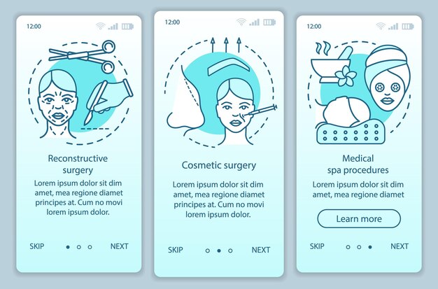 Cosmetic surgery center services onboarding mobile app page screen vector template. Spa procedures. Walkthrough website steps with linear illustrations. UX, UI, GUI smartphone interface concept
