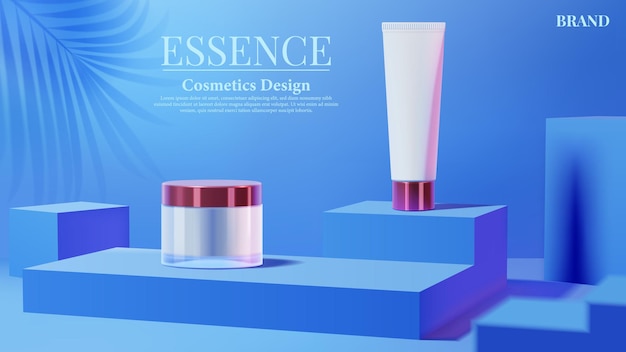 Cosmetic tube with pink light and shadow leaf on blue square podium background
