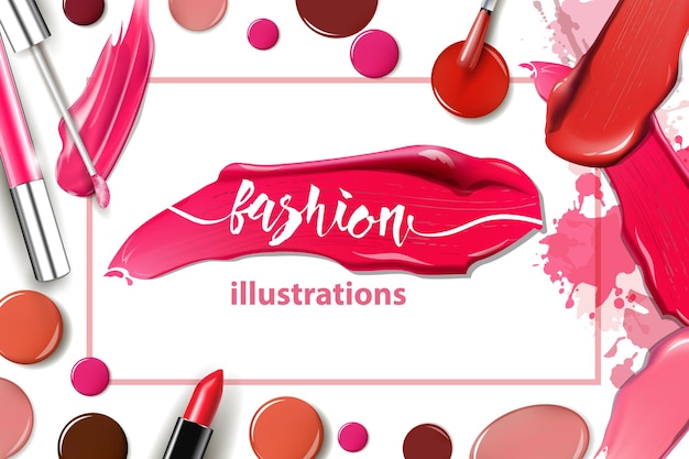 Cosmetica en mode achtergrond met make-up artiest objecten Template Vector