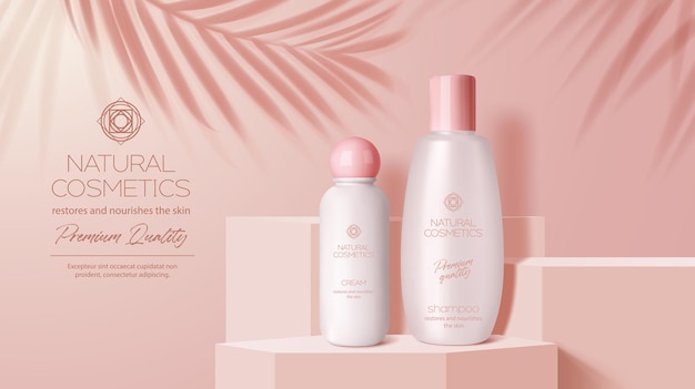 Cosmetica fles op roze podium display platform