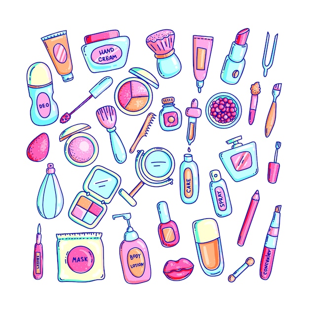 Cosmetica hand getrokken kleur illustraties set