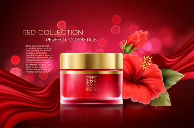 Cosmetica-producten met luxe collectie samenstelling op rode wazig bokeh achtergrond met hibiscus bloem.