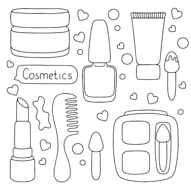 Cosmetica thema Overzicht contour Ontwerpelement Vectorillustratie geïsoleerd op witte achtergrond Sjabloon voor boeken stickers posters kaarten kleding