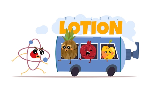 Cosmetica zonder parabenen Natuurlijke lotion Cartoon fles bus met fruit mascottes Huidverzorgingsproduct zonder chemische kunstmatige ingrediënten Biologische vochtinbrengende crème Vector concept