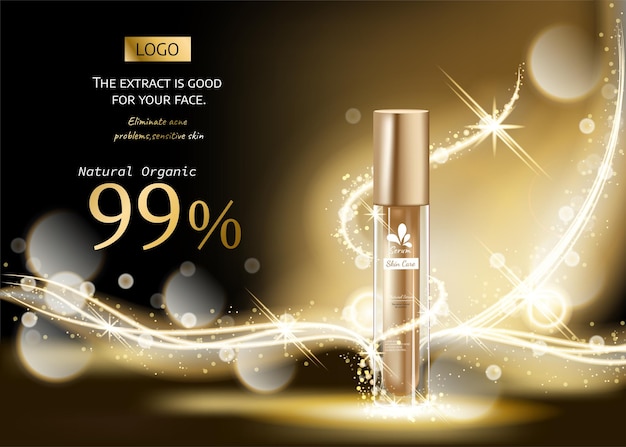 Cosmeticaproducten met gouden luxe samenstelling op zwarte wazig gouden lichteffect achtergrond