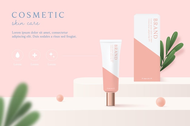 葉とピンクの背景に化粧品とスキンケア製品の広告テンプレート