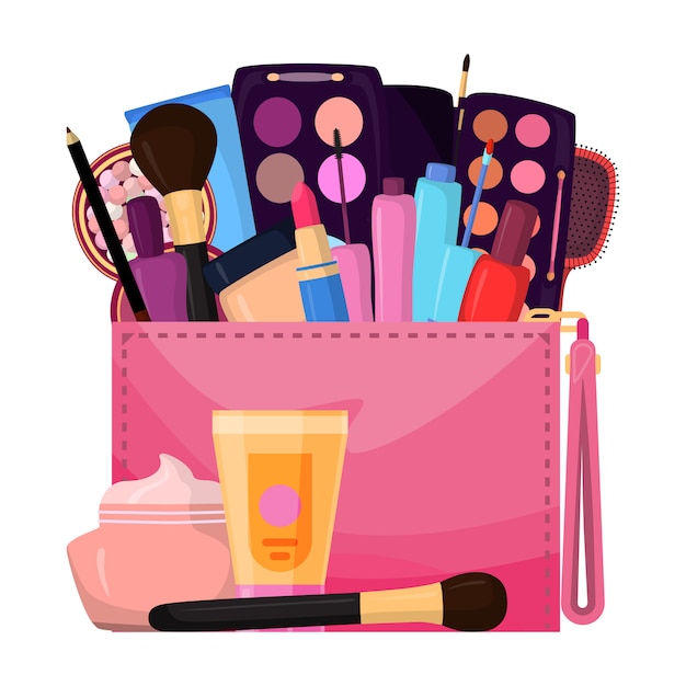 Cosmetics in bag, bagful makeup masters pink color with set plaster shadows, creams and lipsticks, design flat illustration