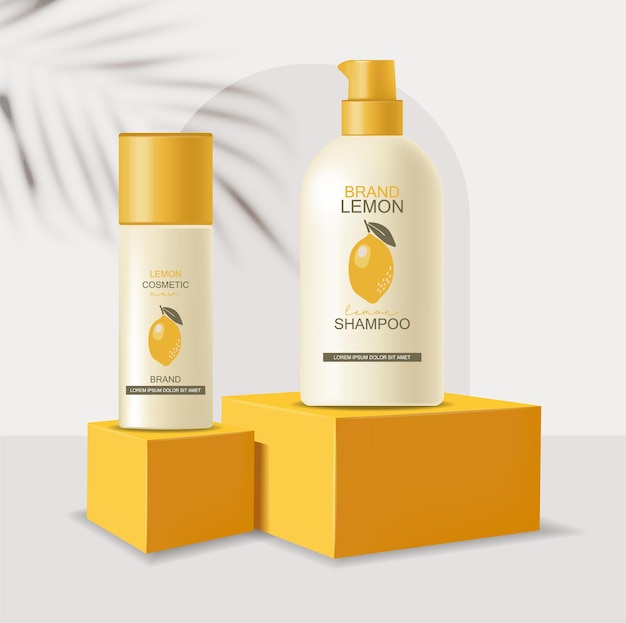 Cosmetics beauty banner skin care lemon cosmetics realistic package mockup and yellow background