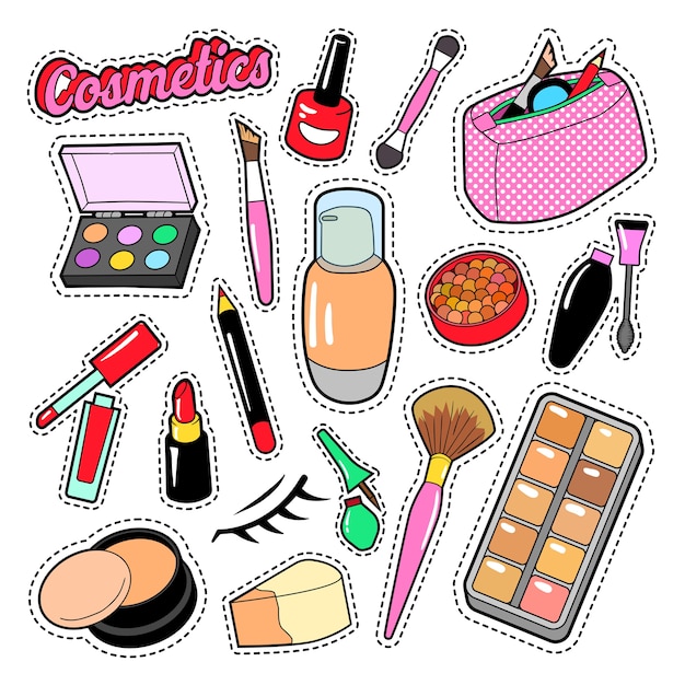 Vettore cosmetici bellezza moda elementi di trucco con rossetto e mascara per adesivi, distintivi, toppe. doodle di vettore