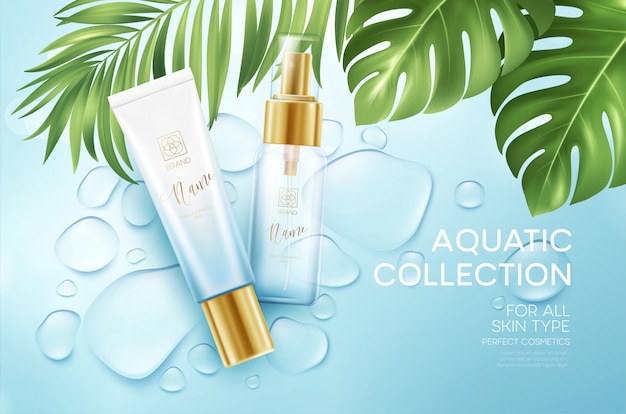 Cosmetics on blue water drop background with tropical palm leaves. face cosmetics, body care banner