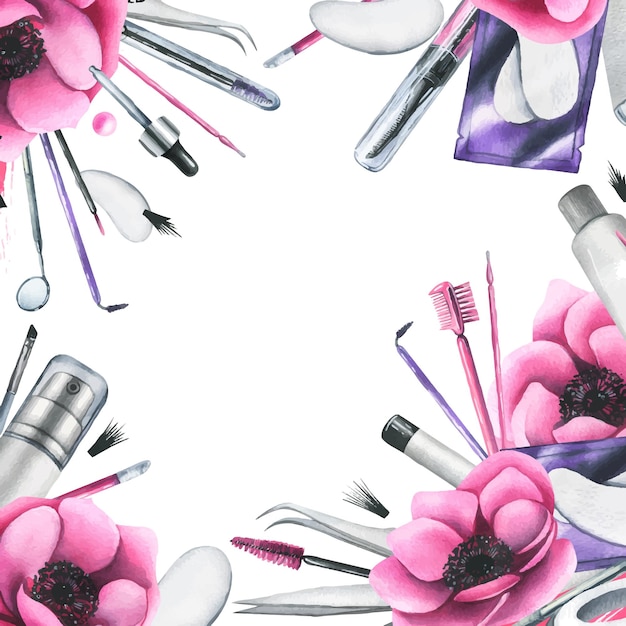 Cosmetics and brushes for eyes and eyebrows tweezers with pink anemone flowers watercolor