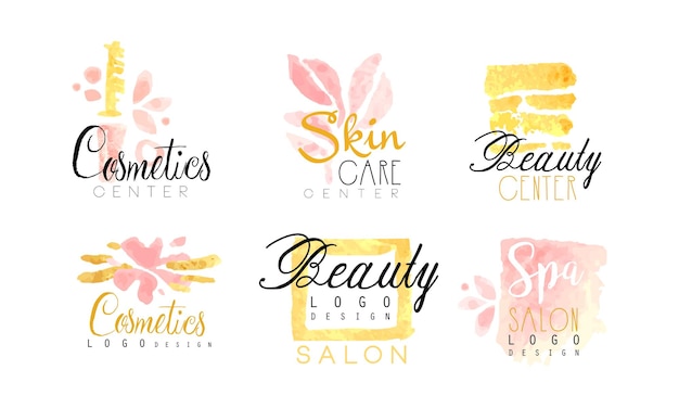 Cosmetics Center Logo Design Collection Spa Skin Care Beauty Salon Watercolor Hand Drawn Badges Vector Illustration