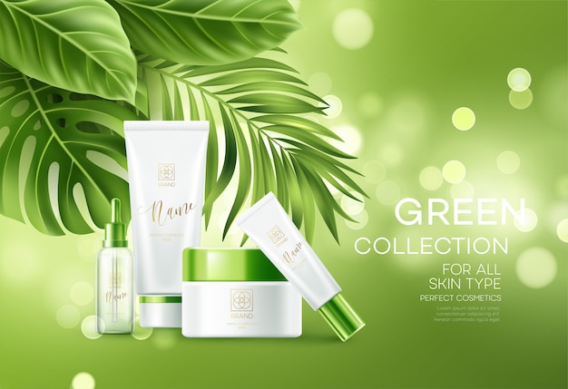 Vector cosmetics on green bokeh background with tropical palm leaves. face cosmetics, body care banner