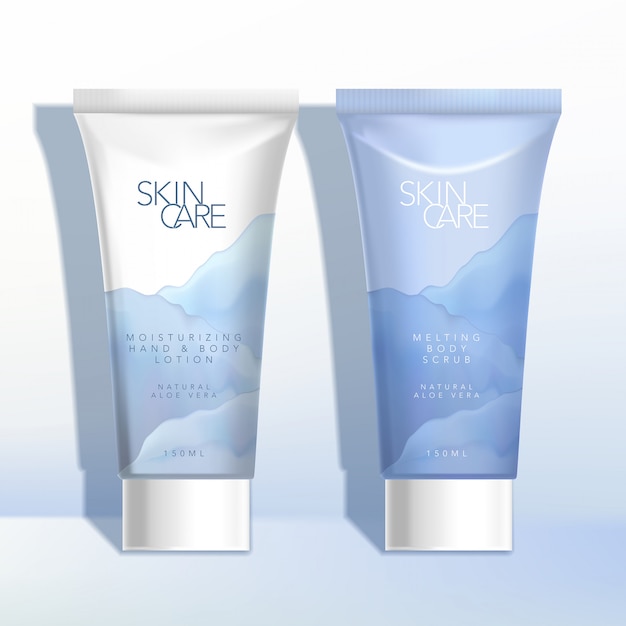 Cosmetics or healthcare tube packaging with blue ocean / sea theme design for shower, wash, shampoo, cream, lotion, gel, foam or cleansing products