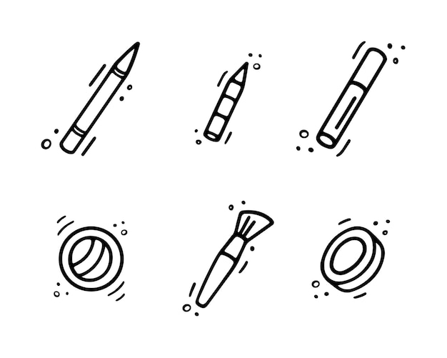 Cosmetics Icons Makeup pencils eye shadows brush mascara in doodle style Vector hand drawn flat illustration