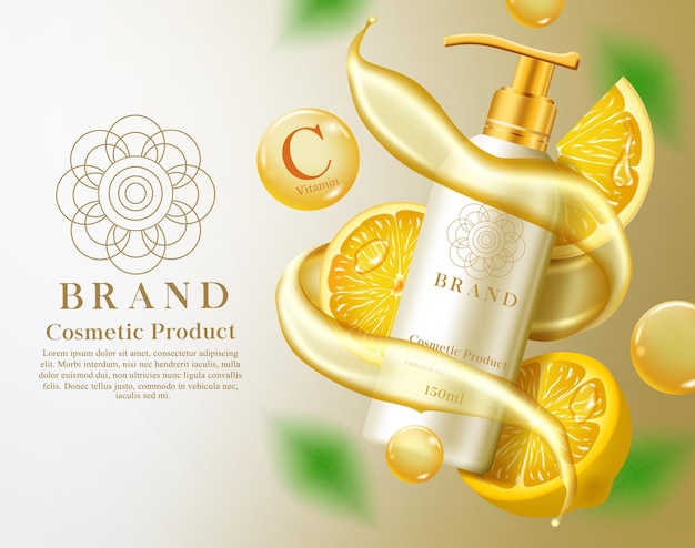 Cosmetics lemon product vector banner template Cosmetic lime products in bottle element