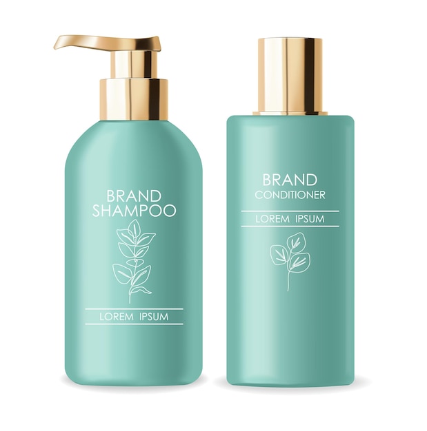 Cosmetics lotion bottle set. Green bottle cosmetic. Realistic hair lotion set