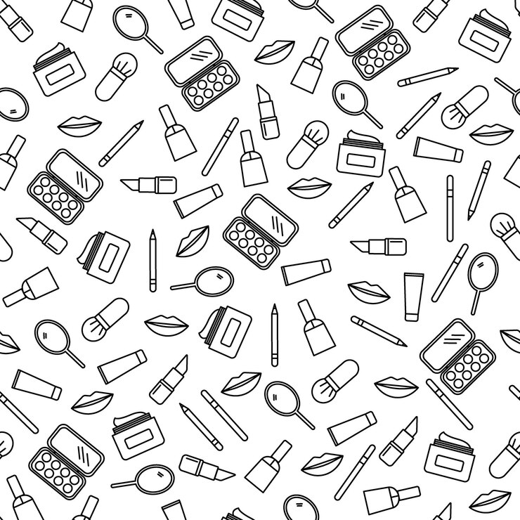 Vector cosmetics and makeup vector seamless pattern in line art style