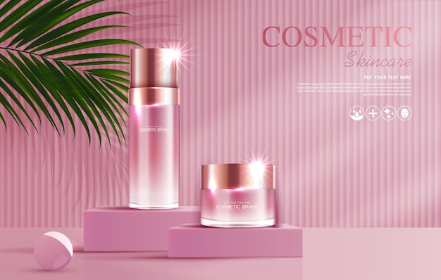 ベクトル ピンクと葉の美容製品のボトルバナー広告付きの化粧品またはスキンケア製品の広告
