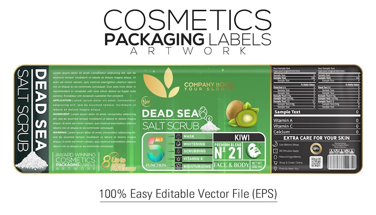 Vector cosmetics packaging label artwork dead sea salt 5 in 1 with kiwi