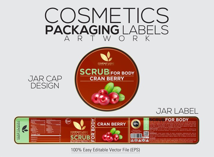 Vector cosmetics packaging label scrub for body label and cap design with cran berry