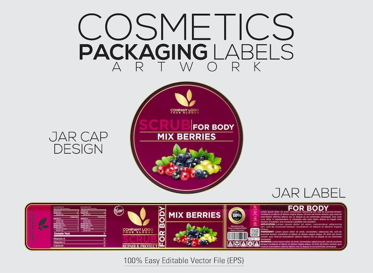 Vector cosmetics packaging label scrub for body label and cap design with mix berries