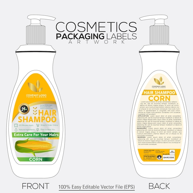 Vector cosmetics packaging labels artwork design hair shampoo with bottle mockup corn